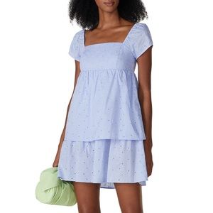 RTR Now Eyelet Floral Embroidered Short Sleeve Babydoll Mini Dress Blue Sz M